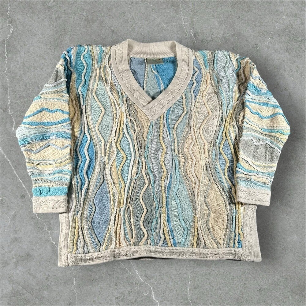 Vintage Coogi Sweater Mens Small Cream Blue 3D Knit Retro Biggie 90s V Neck Rare